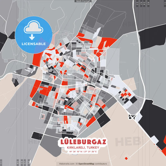 Lüleburgaz, Kırklareli, Turkey - modern street map poster template with gray and red tones