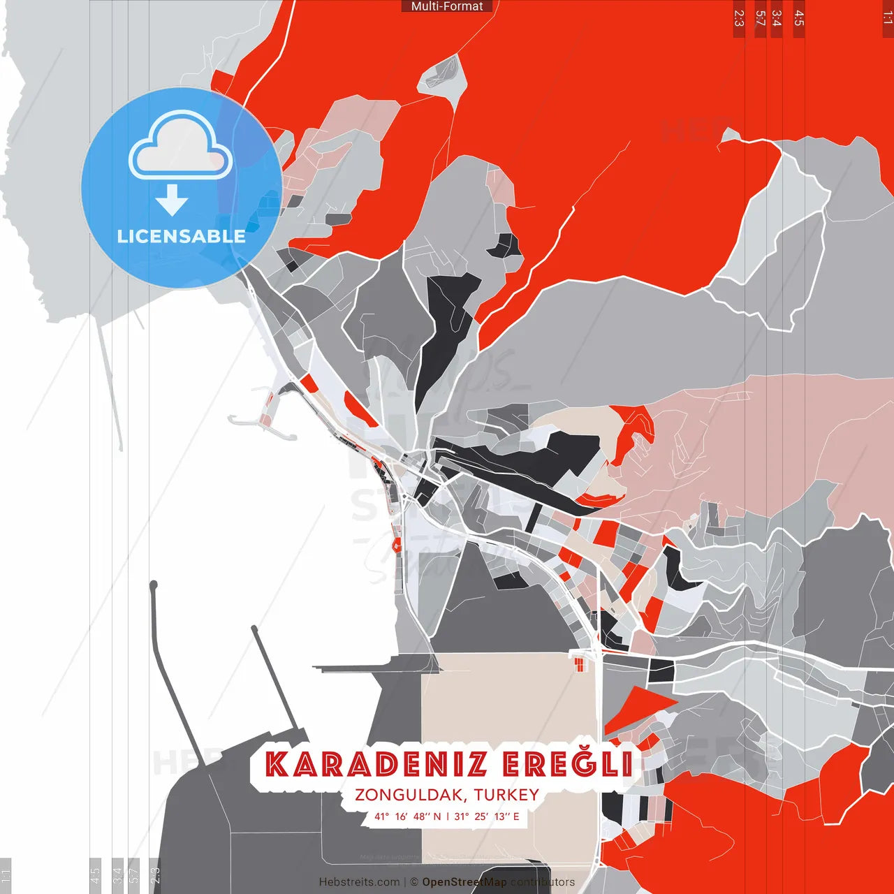 Karadeniz Ereğli, Zonguldak, Turkey - modern street map poster template with gray and red tones