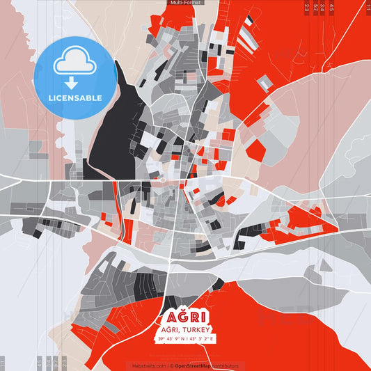 Ağrı, Ağrı, Turkey - modern street map poster template with gray and red tones