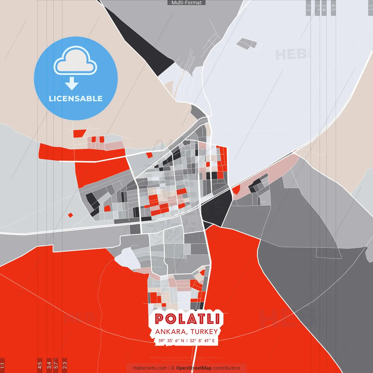 Polatlı, Ankara, Turkey - modern street map poster template with gray and red tones
