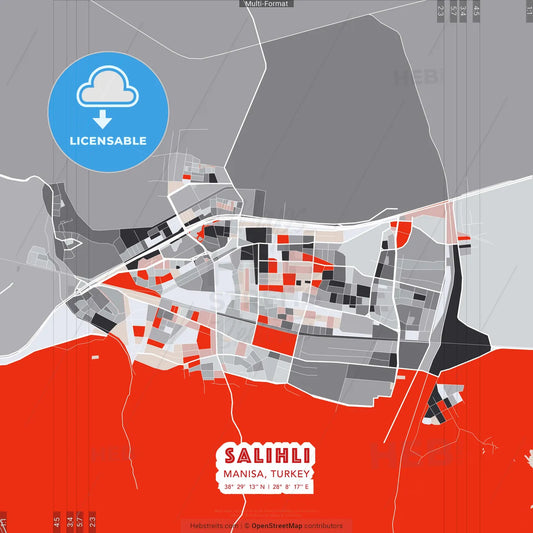 Salihli, Manisa, Turkey - modern street map poster template with gray and red tones
