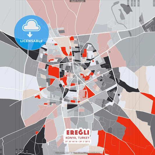 Ereğli, Konya, Turkey - modern street map poster template with gray and red tones