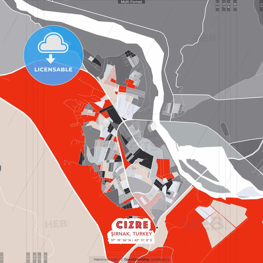 Cizre, Şırnak, Turkey - modern street map poster template with gray and red tones