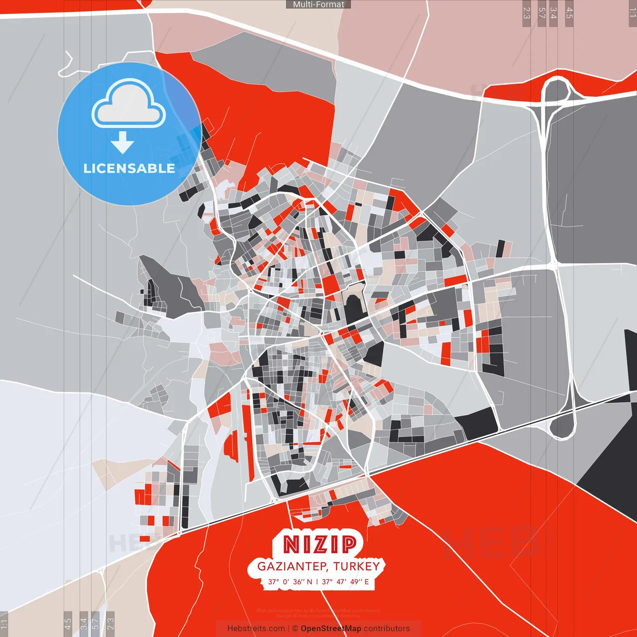 Nizip, Gaziantep, Turkey - modern street map poster template with gray and red tones