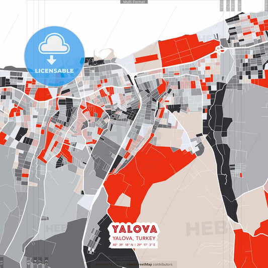 Yalova, Yalova, Turkey - modern street map poster template with gray and red tones