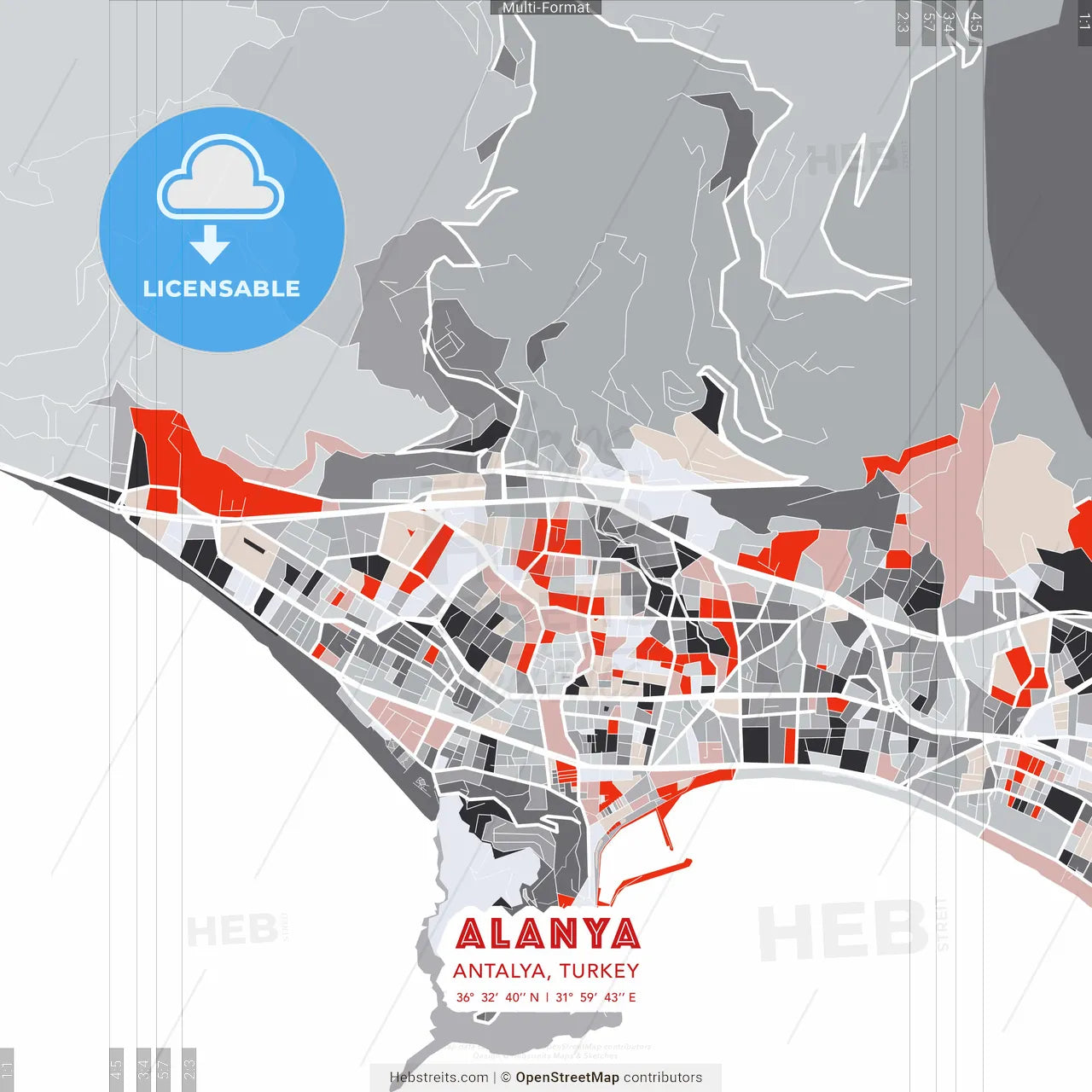 Alanya, Antalya, Turkey - modern street map poster template with gray and red tones