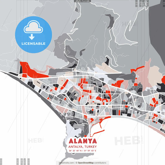 Alanya, Antalya, Turkey - modern street map poster template with gray and red tones