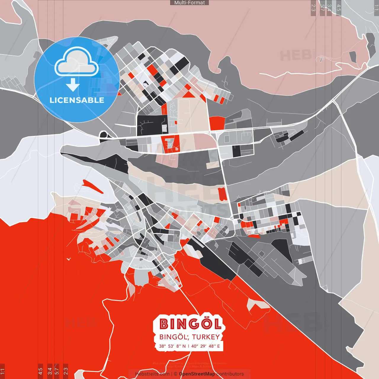 Bingöl, Bingöl, Turkey - modern street map poster template with gray and red tones