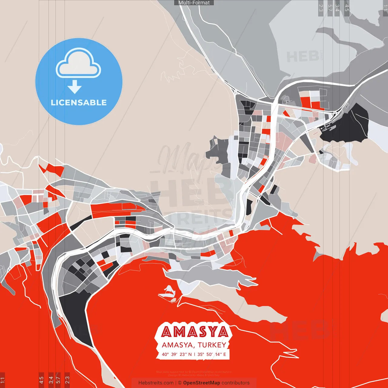 Amasya, Amasya, Turkey - modern street map poster template with gray and red tones