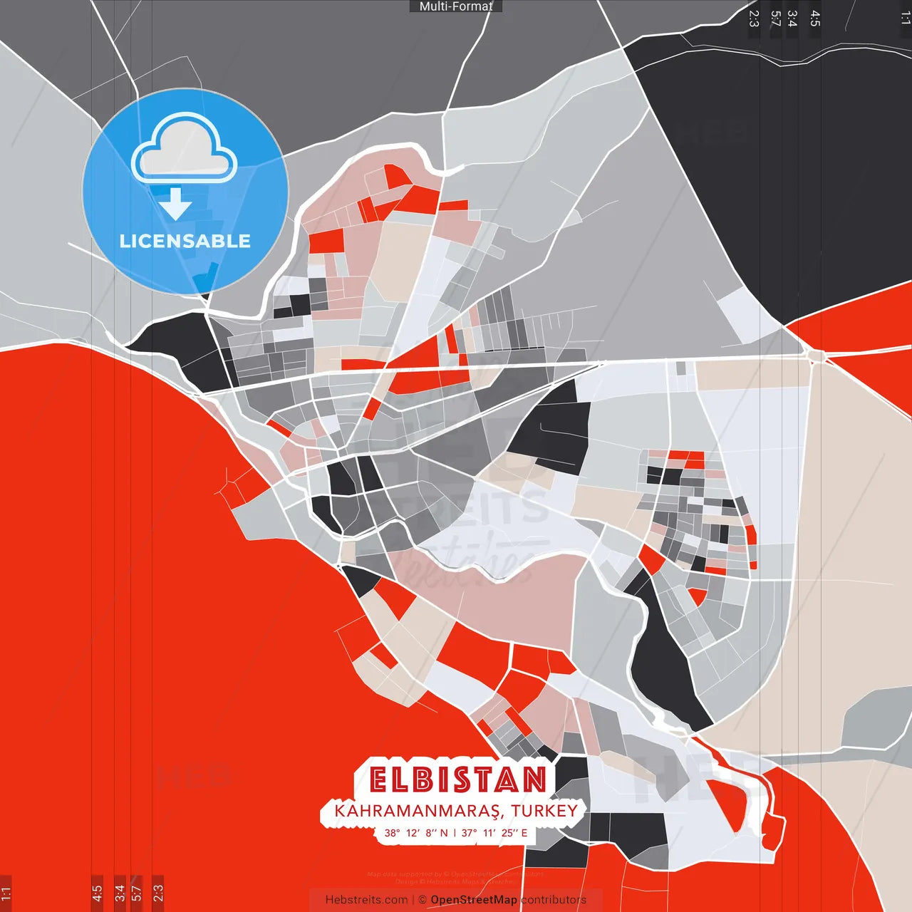 Elbistan, Kahramanmaraş, Turkey - modern street map poster template with gray and red tones