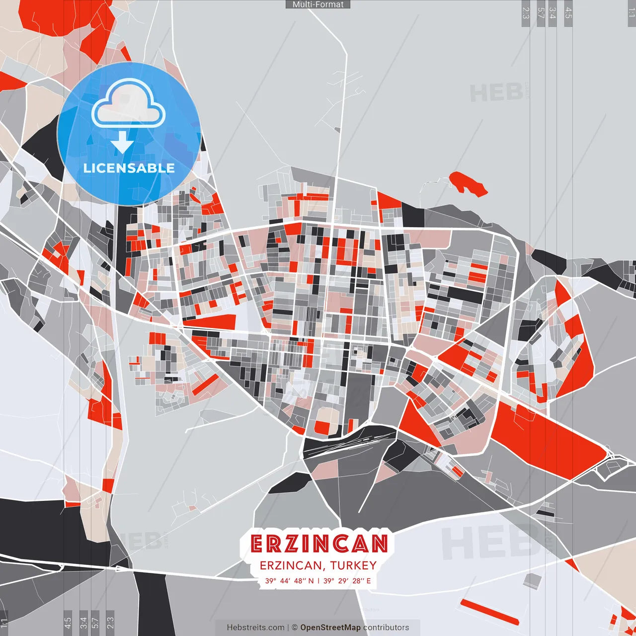 Erzincan, Erzincan, Turkey - modern street map poster template with gray and red tones