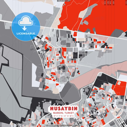 Nusaybin, Mardin, Turkey - modern street map poster template with gray and red tones