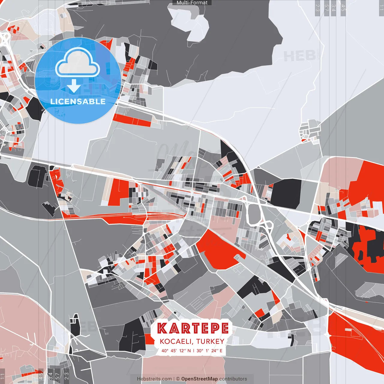 Kartepe, Kocaeli, Turkey - modern street map poster template with gray and red tones
