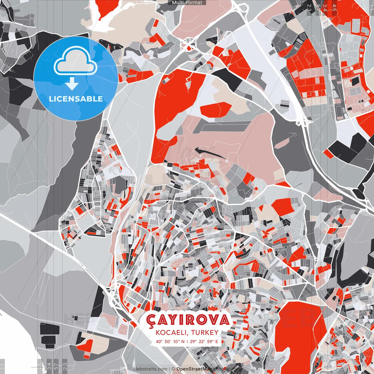 Çayırova, Kocaeli, Turkey - modern street map poster template with gray and red tones