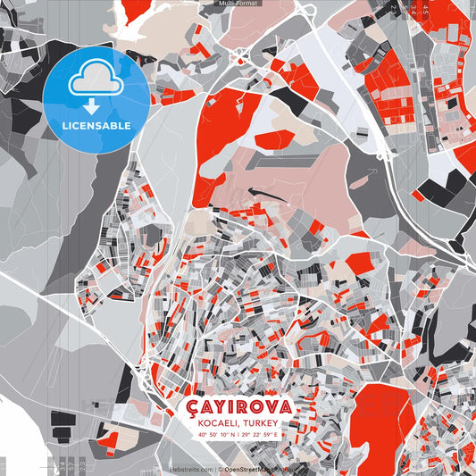 Çayırova, Kocaeli, Turkey - modern street map poster template with gray and red tones