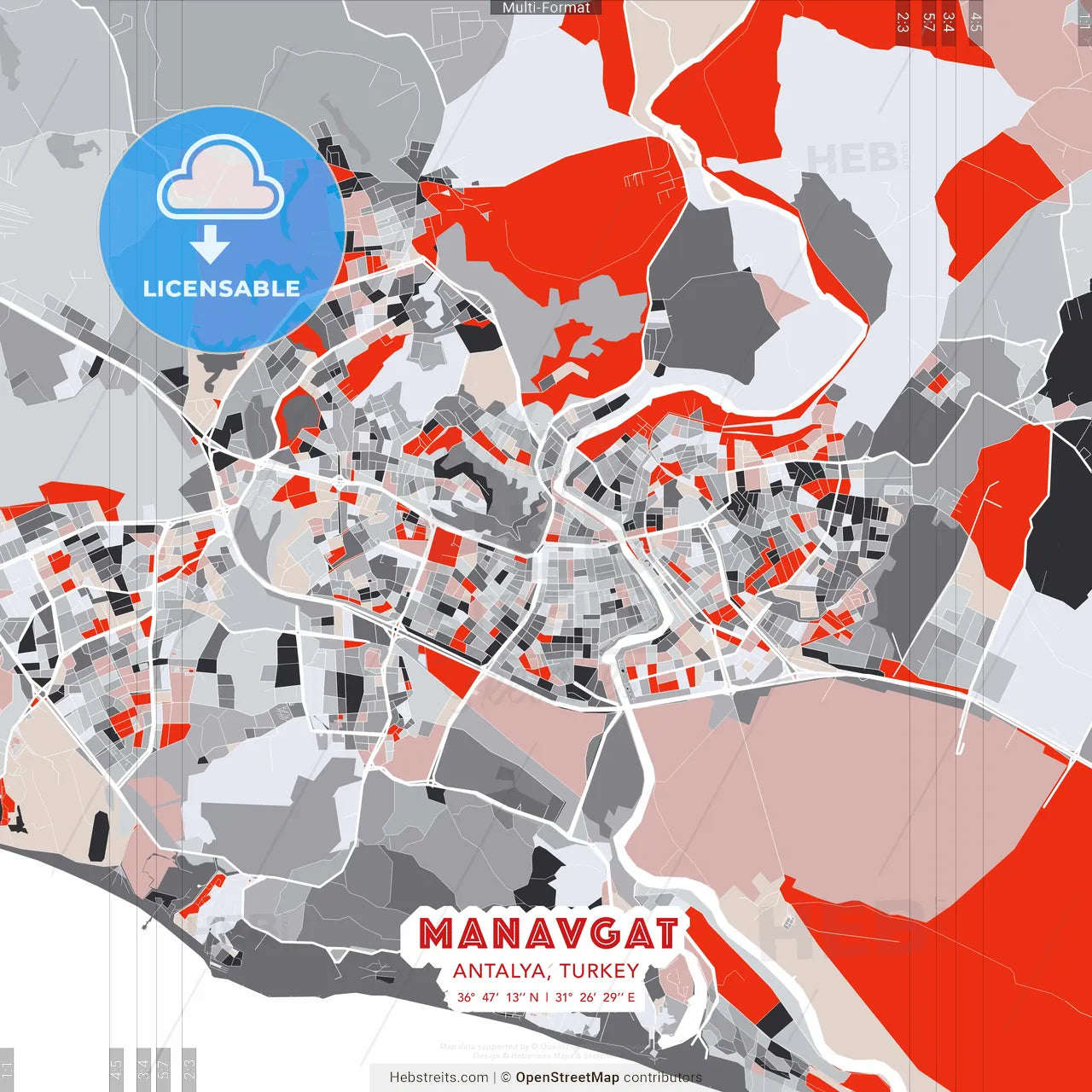 Manavgat, Antalya, Turkey - modern street map poster template with gray and red tones