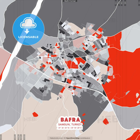 Bafra, Samsun, Turkey - modern street map poster template with gray and red tones