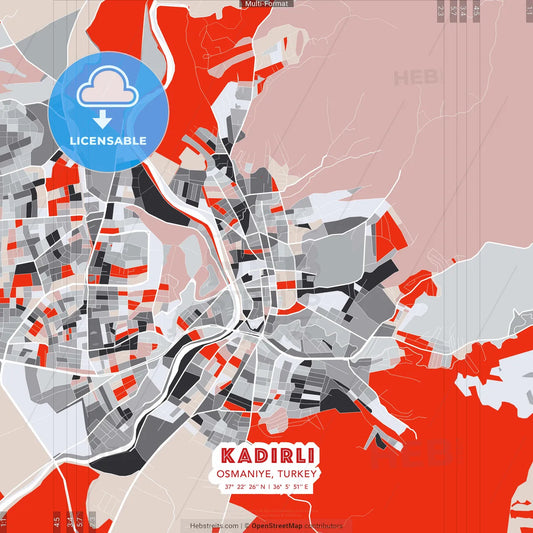 Kadirli, Osmaniye, Turkey - modern street map poster template with gray and red tones