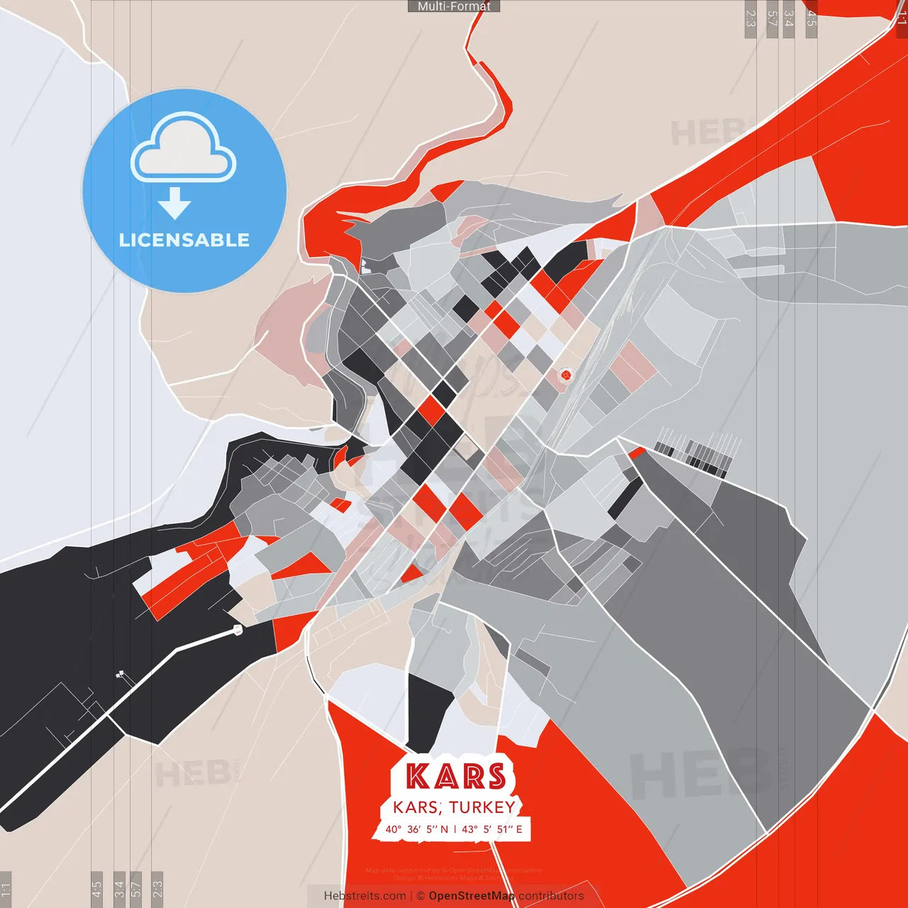 Kars, Kars, Turkey - modern street map poster template with gray and red tones