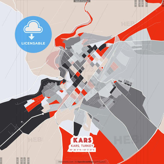 Kars, Kars, Turkey - modern street map poster template with gray and red tones