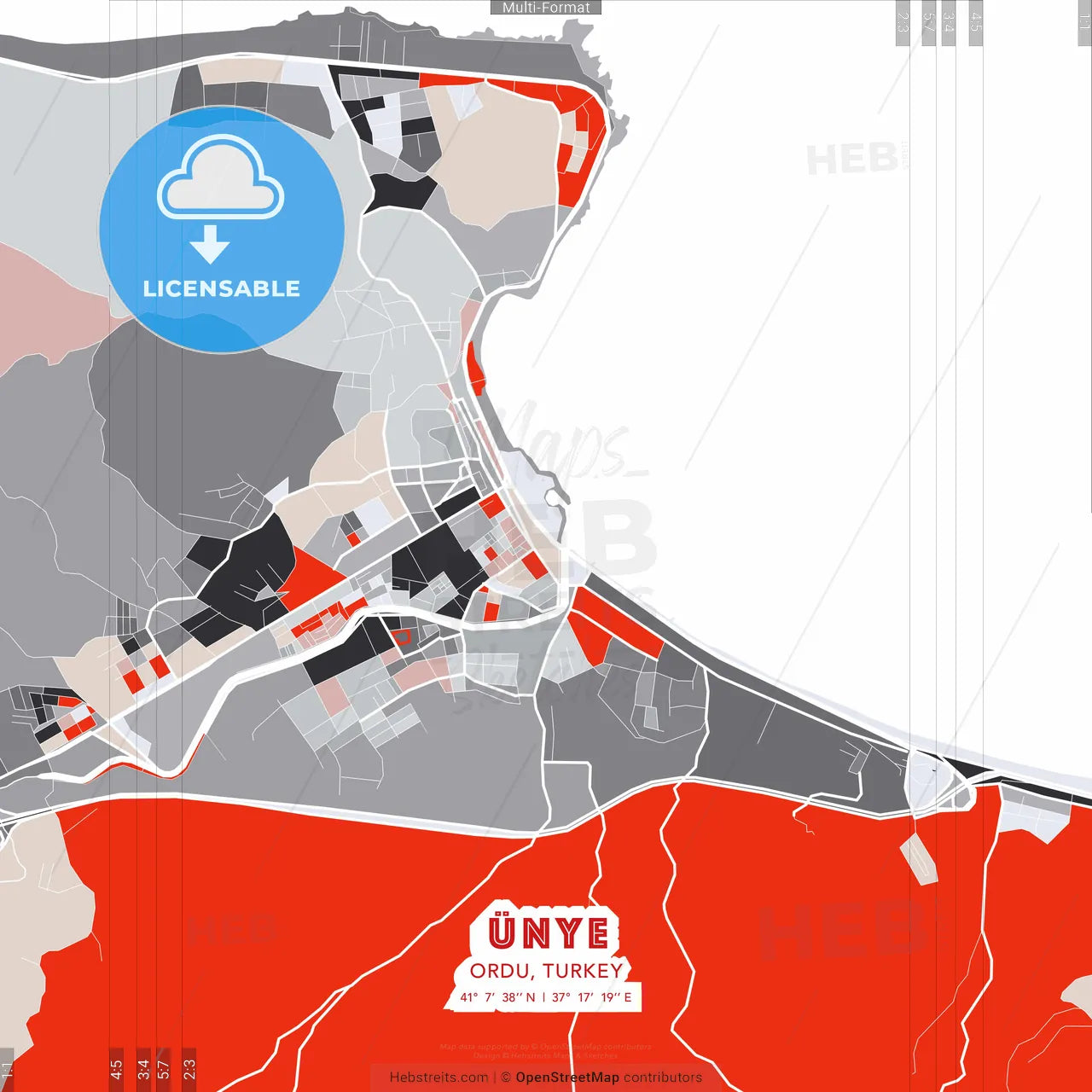 Ünye, Ordu, Turkey - modern street map poster template with gray and red tones