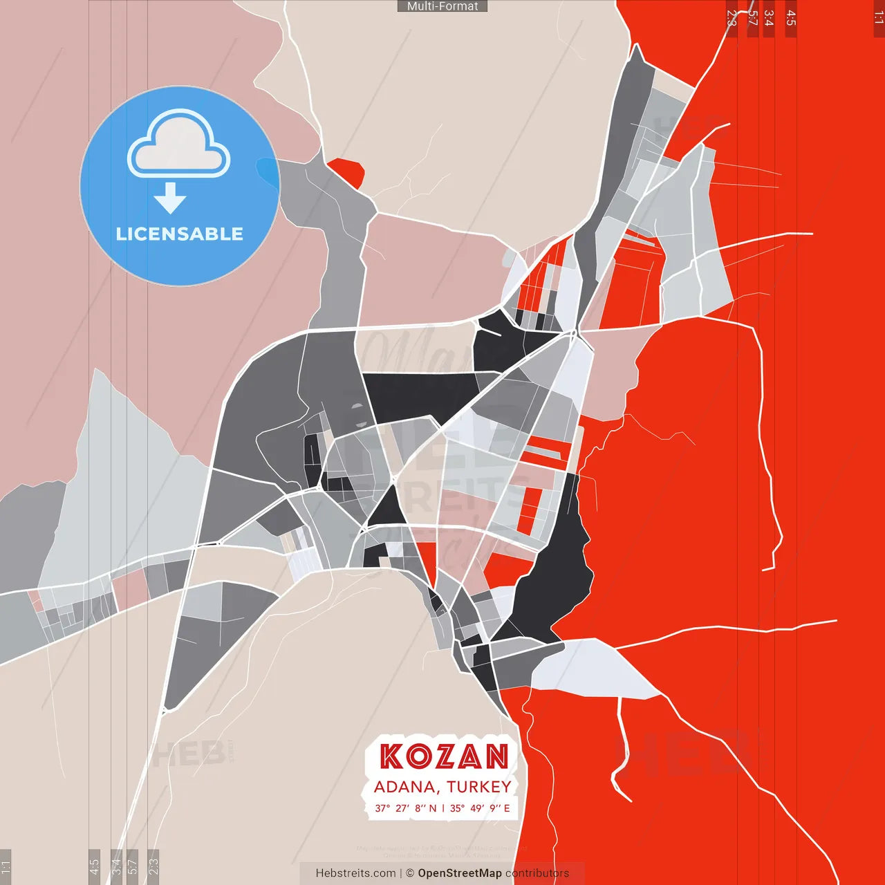 Kozan, Adana, Turkey - modern street map poster template with gray and red tones