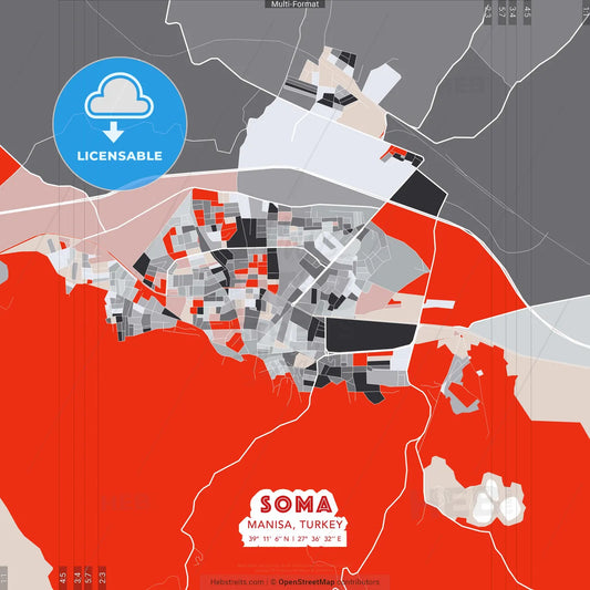 Soma, Manisa, Turkey - modern street map poster template with gray and red tones