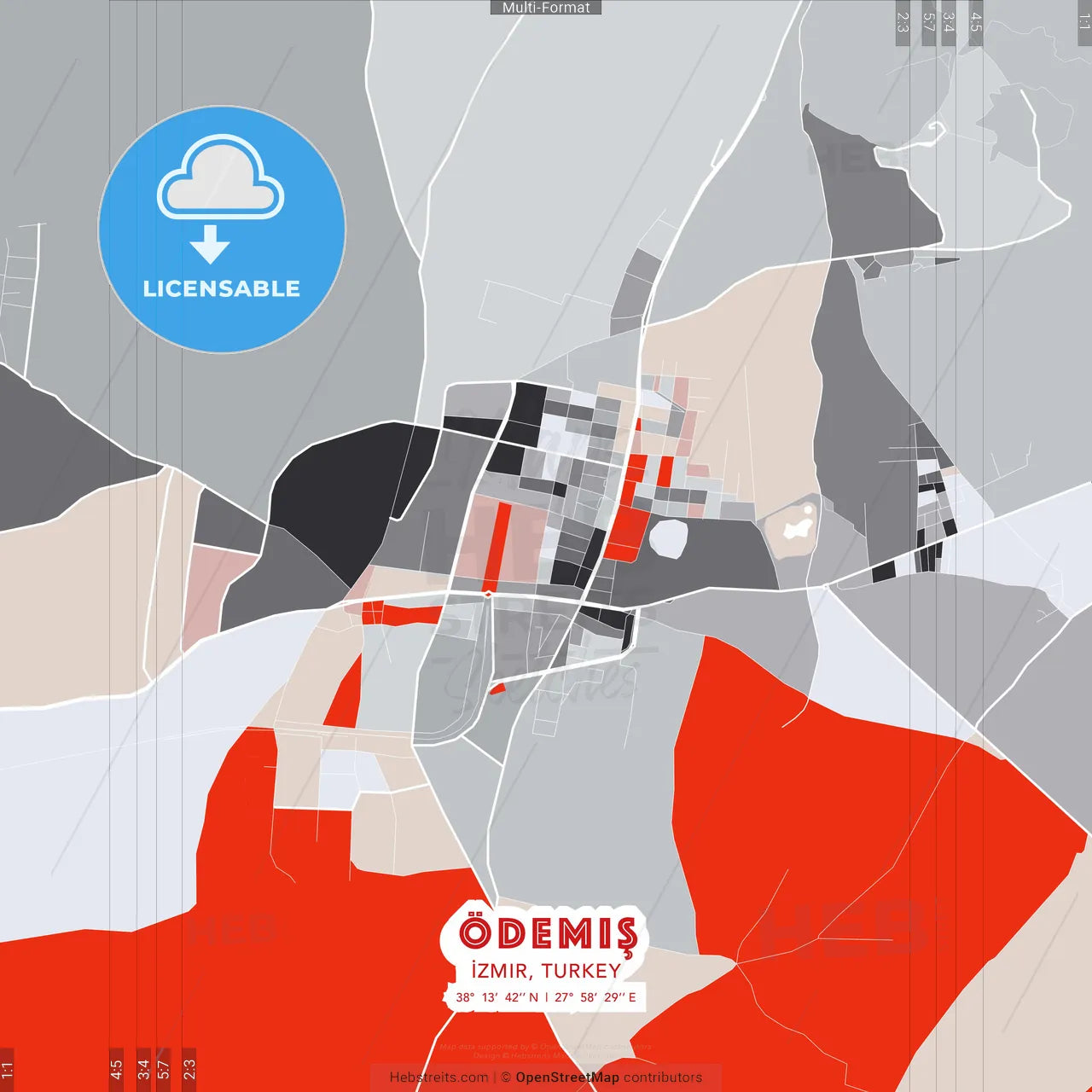 Ödemiş, İzmir, Turkey - modern street map poster template with gray and red tones