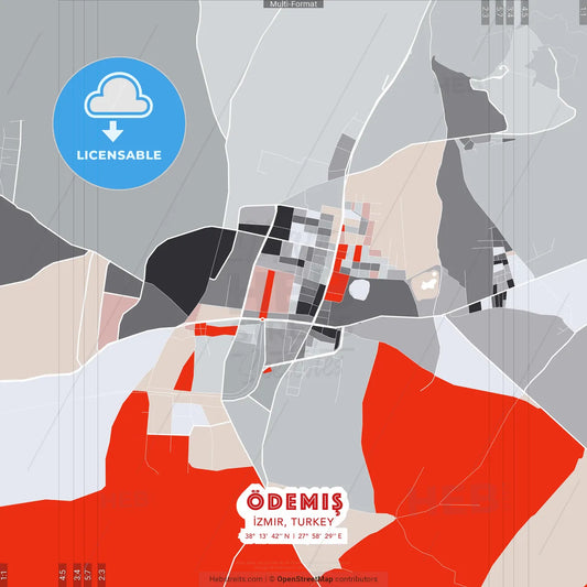 Ödemiş, İzmir, Turkey - modern street map poster template with gray and red tones