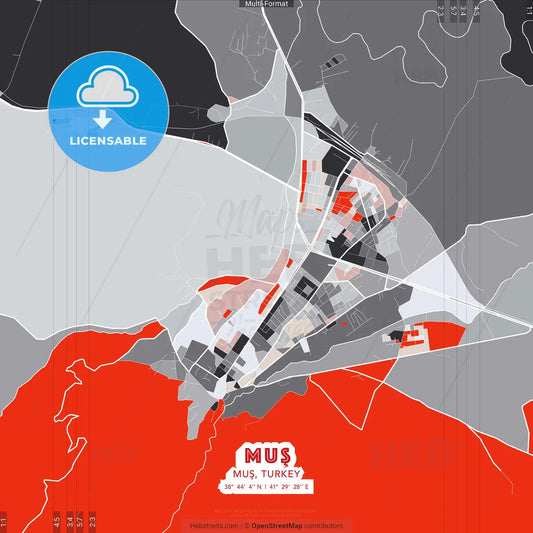 Muş, Muş, Turkey - modern street map poster template with gray and red tones