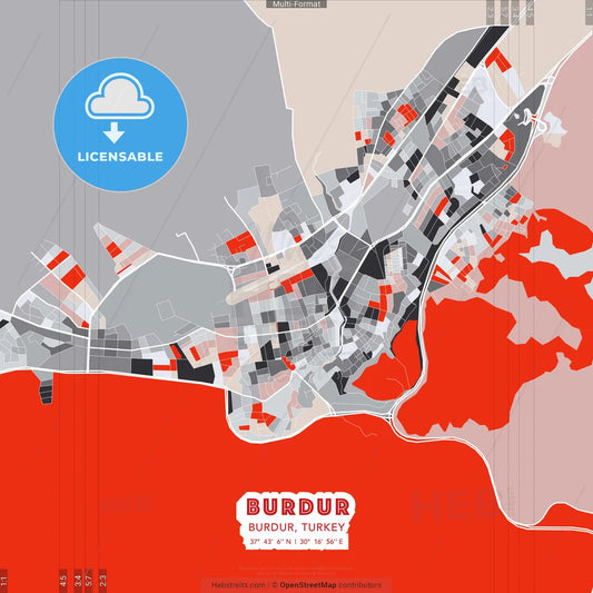 Burdur, Burdur, Turkey - modern street map poster template with gray and red tones