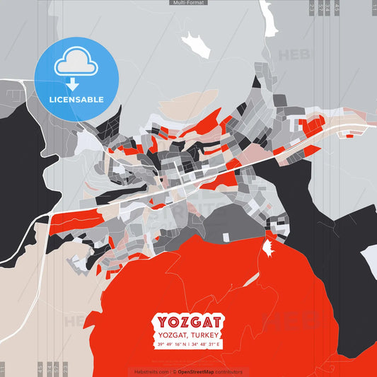 Yozgat, Yozgat, Turkey - modern street map poster template with gray and red tones