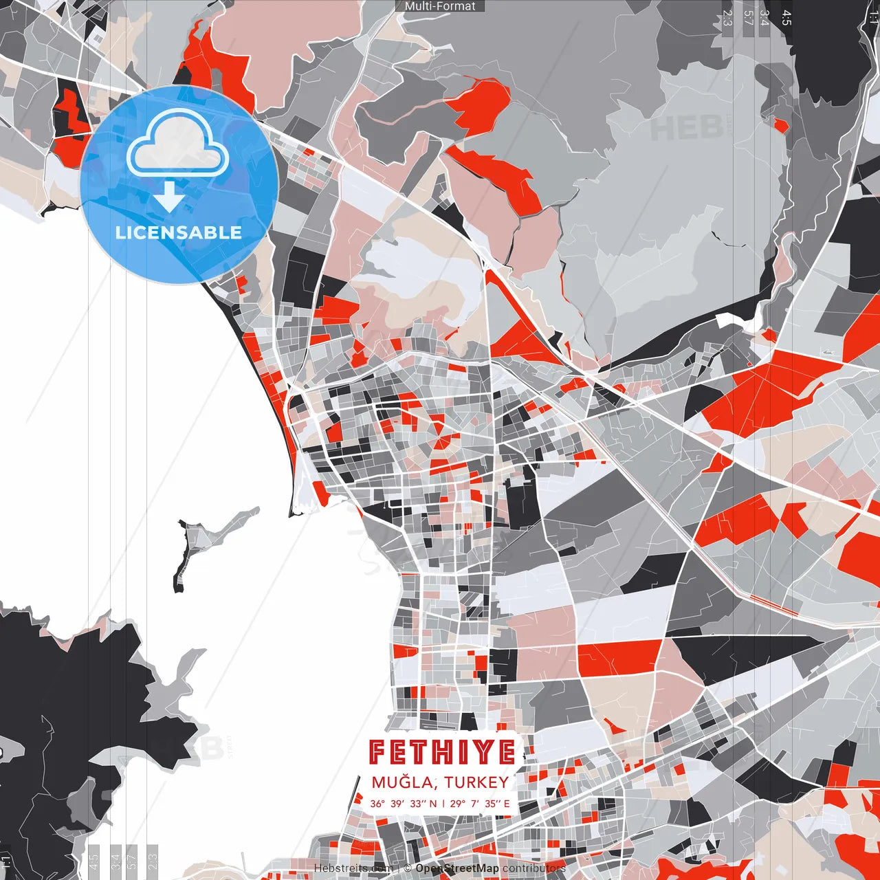Fethiye, Muğla, Turkey - modern street map poster template with gray and red tones