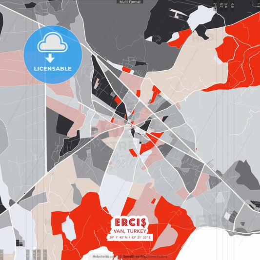 Erciş, Van, Turkey - modern street map poster template with gray and red tones