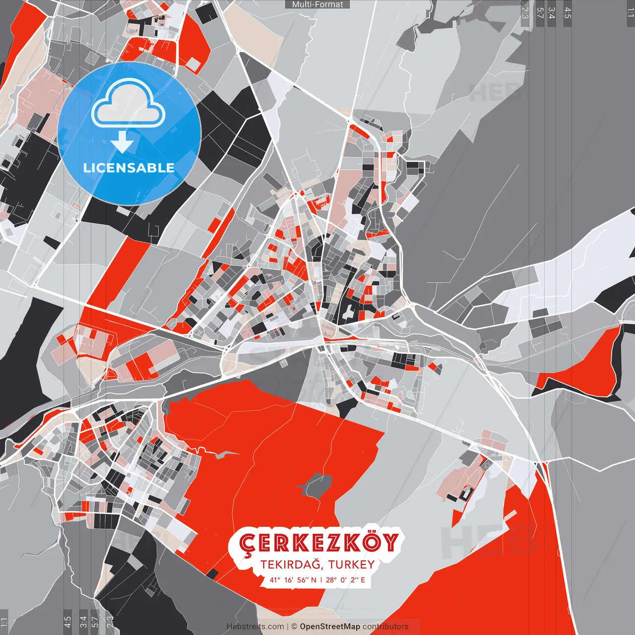 Çerkezköy, Tekirdağ, Turkey - modern street map poster template with gray and red tones