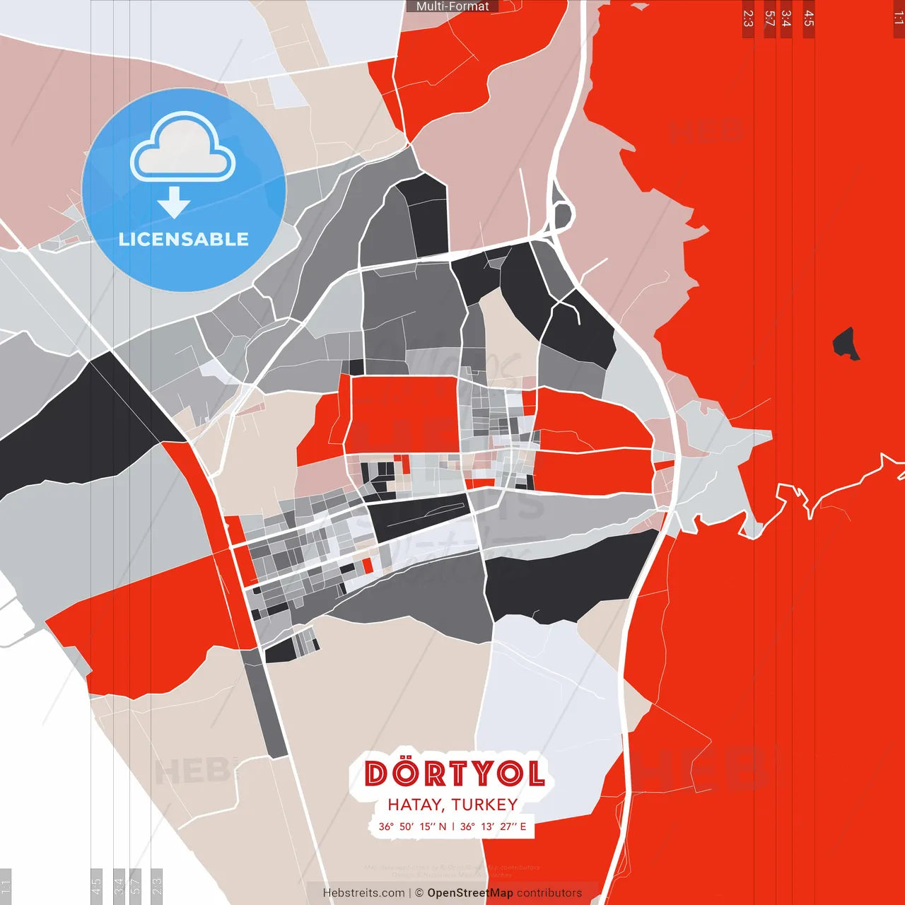 Dörtyol, Hatay, Turkey - modern street map poster template with gray and red tones