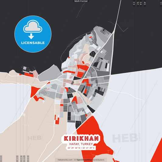 Kırıkhan, Hatay, Turkey - modern street map poster template with gray and red tones
