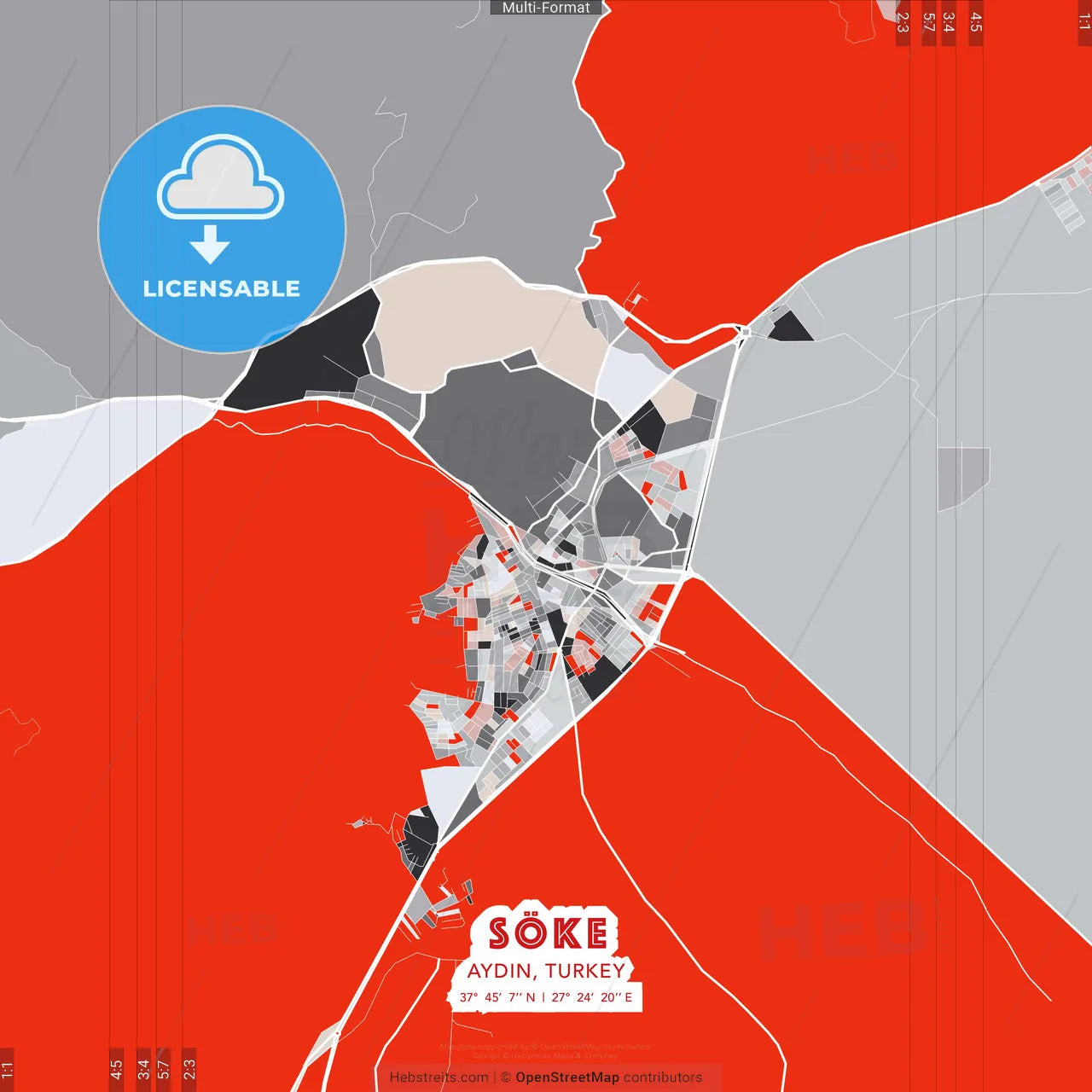 Söke, Aydın, Turkey - modern street map poster template with gray and red tones