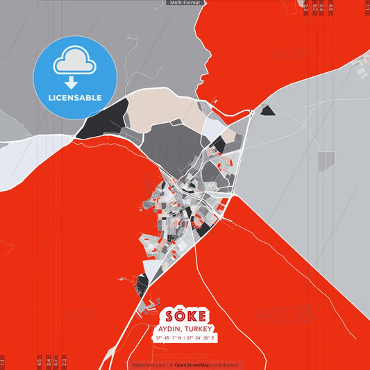 Söke, Aydın, Turkey - modern street map poster template with gray and red tones