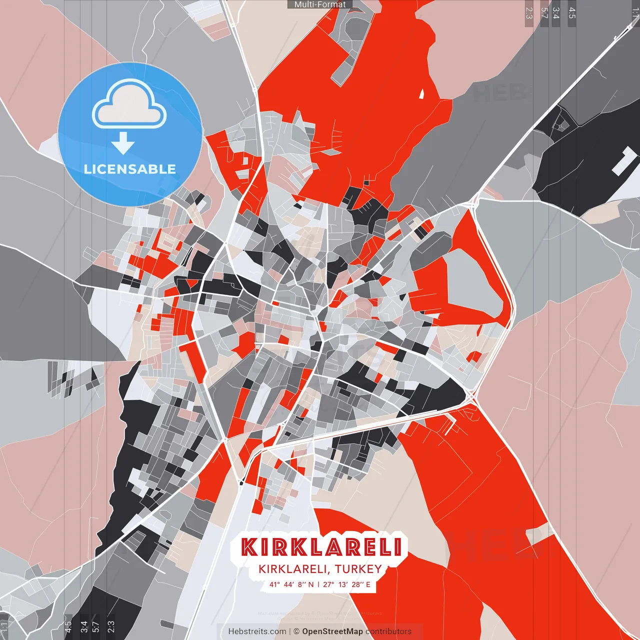 Kırklareli, Kırklareli, Turkey - modern street map poster template with gray and red tones
