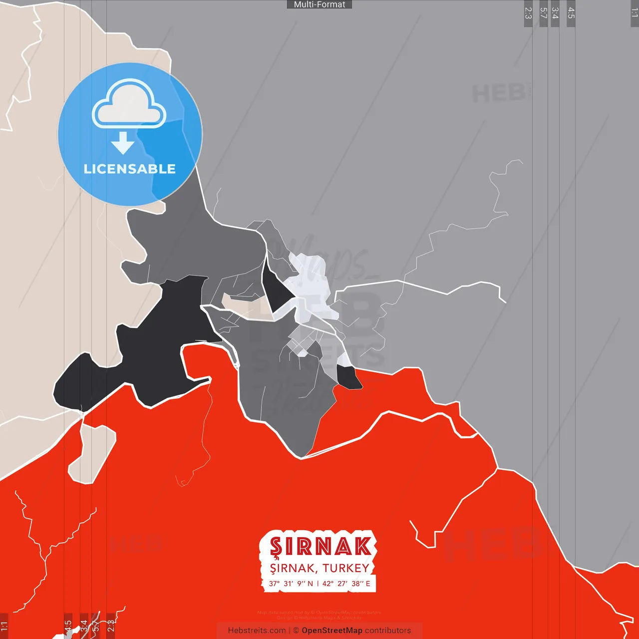 Şırnak, Şırnak, Turkey - modern street map poster template with gray and red tones