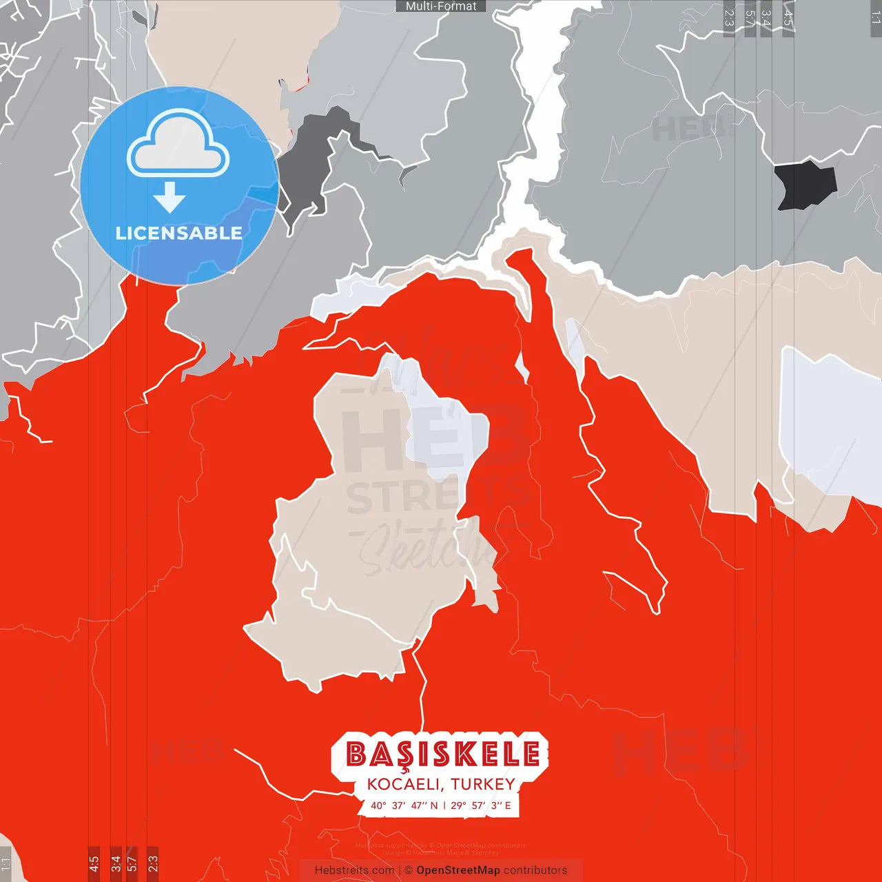 Başiskele, Kocaeli, Turkey - modern street map poster template with gray and red tones