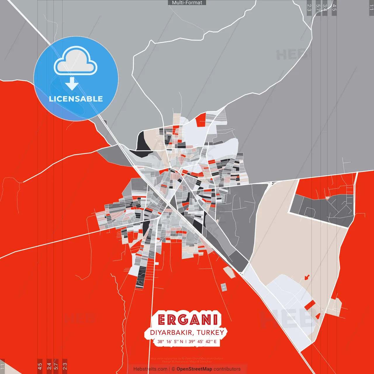 Ergani, Diyarbakır, Turkey - modern street map poster template with gray and red tones