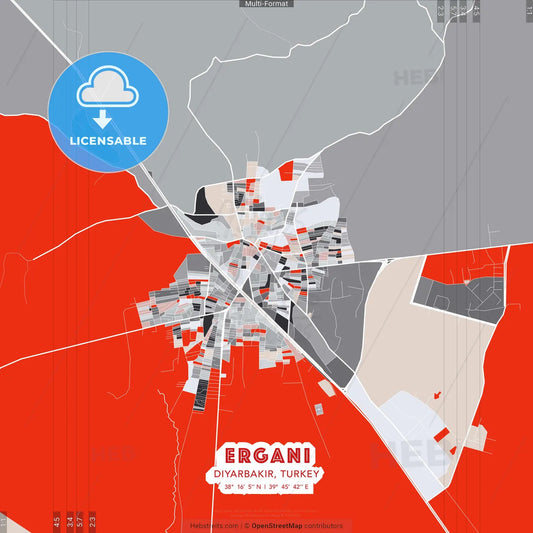 Ergani, Diyarbakır, Turkey - modern street map poster template with gray and red tones