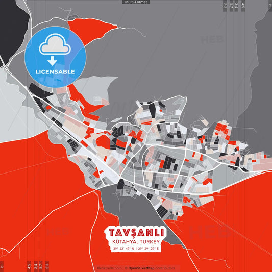 Tavşanlı, Kütahya, Turkey - modern street map poster template with gray and red tones