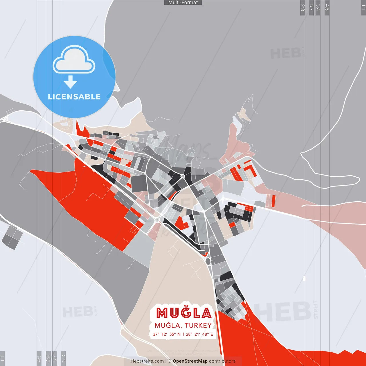 Muğla, Muğla, Turkey - modern street map poster template with gray and red tones