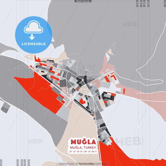 Muğla, Muğla, Turkey - modern street map poster template with gray and red tones