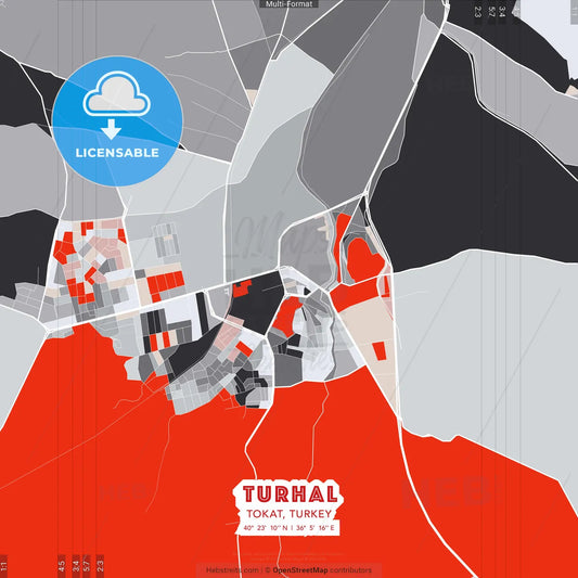 Turhal, Tokat, Turkey - modern street map poster template with gray and red tones