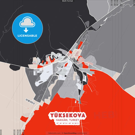 Yüksekova, Hakkâri, Turkey - modern street map poster template with gray and red tones