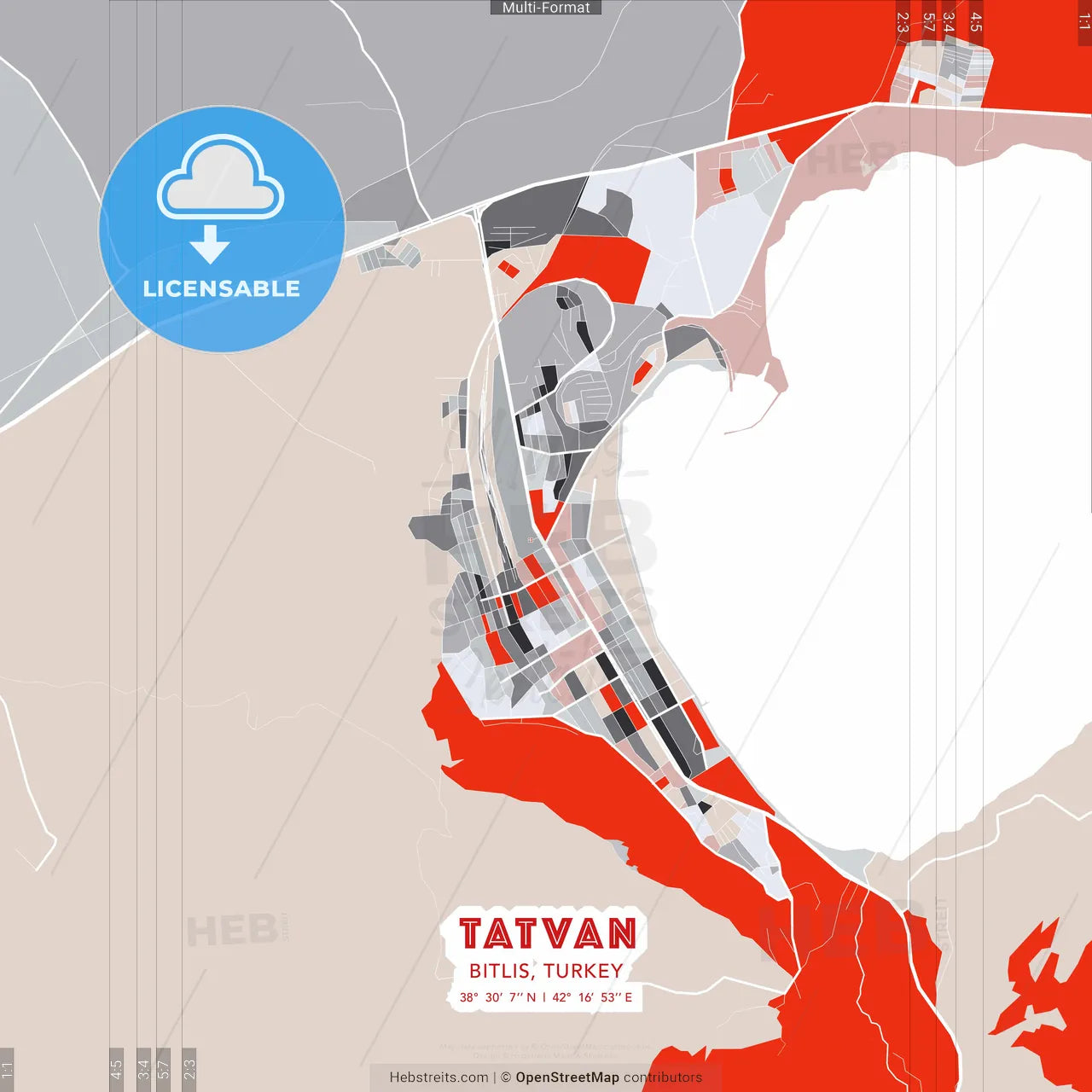 Tatvan, Bitlis, Turkey - modern street map poster template with gray and red tones